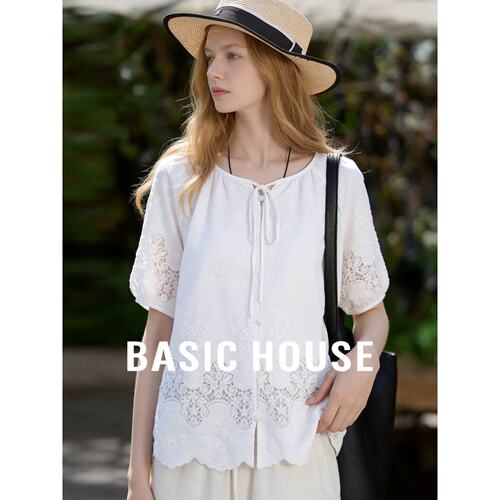 BasicHouse百家好法式森系白色短袖衬衫女夏纯棉宽松刺绣花边上衣
