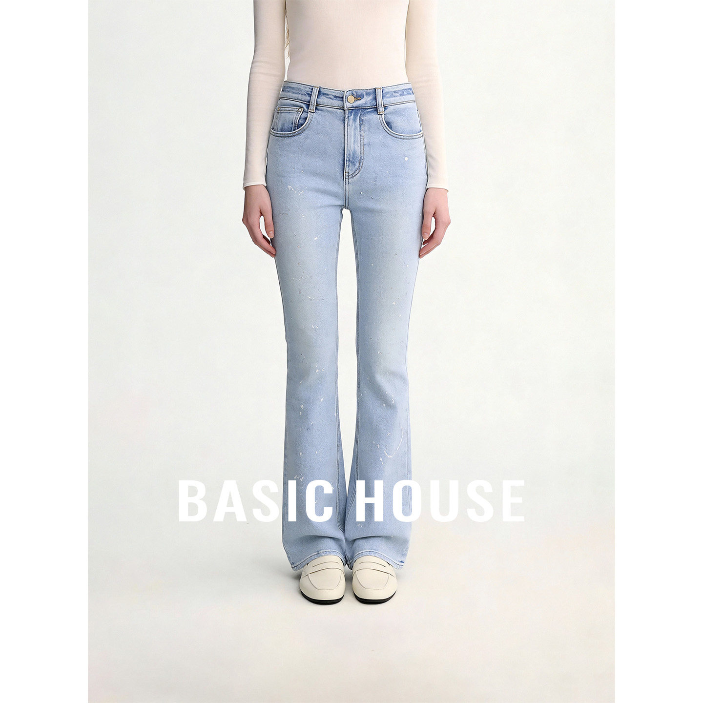 Basic House/百家好蓝色高腰微喇牛仔裤女2026春季设计感显瘦长裤