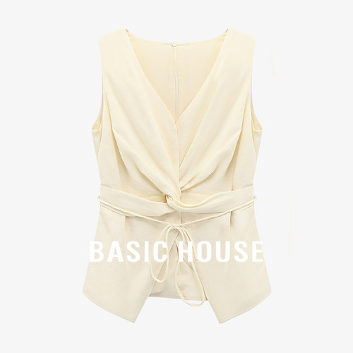 Basic House/百家好轻薄凉感舒爽天丝亚麻V领马甲米色无袖上衣女
