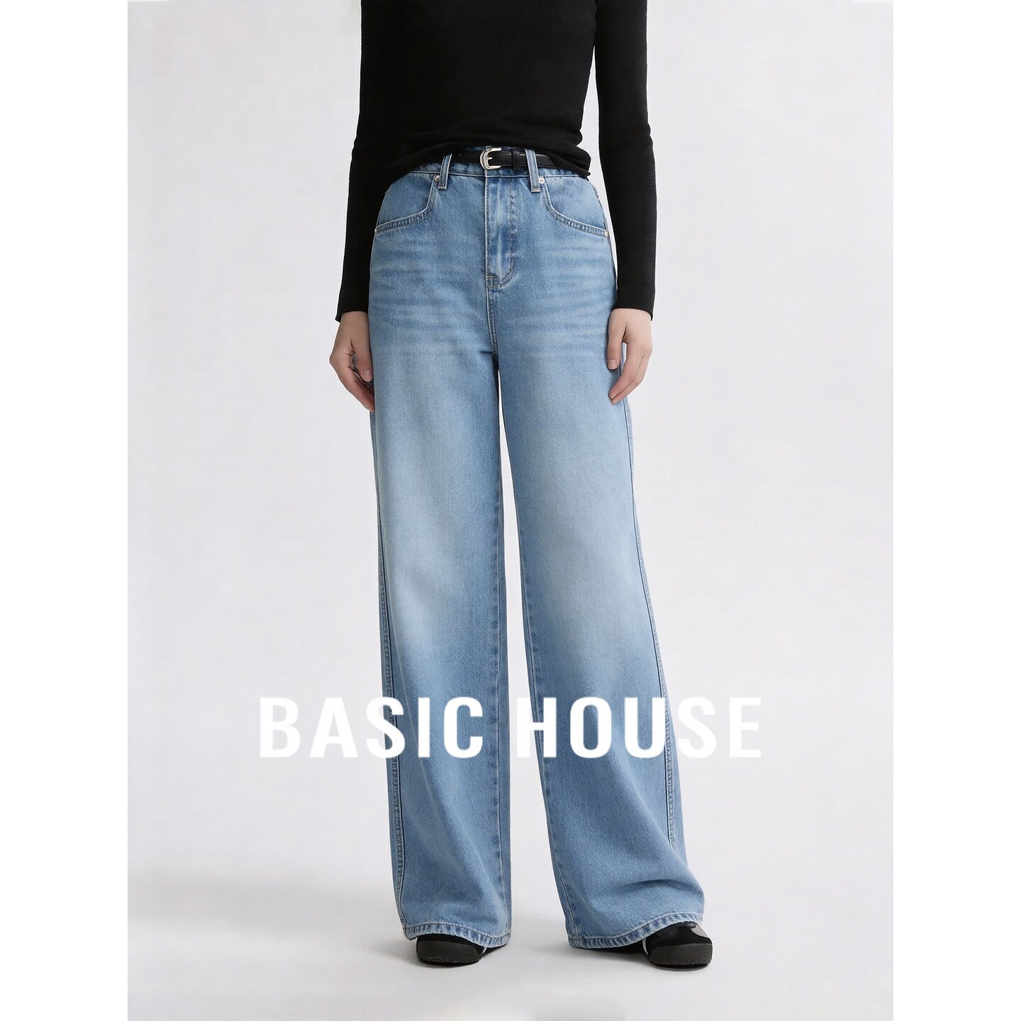 Basic House/百家好复古风浅蓝色纯棉牛仔裤高腰附赠皮带长裤女秋