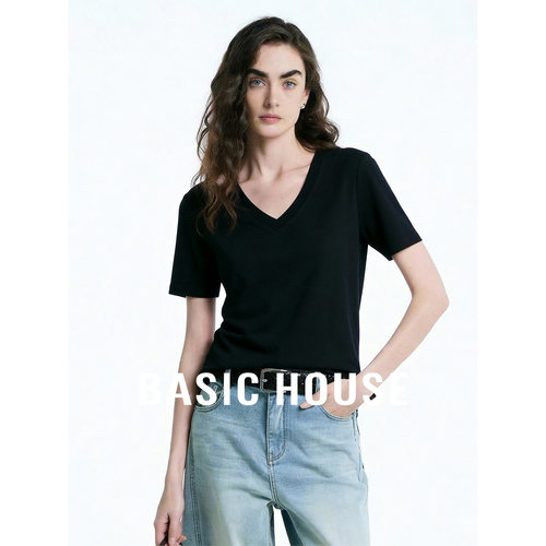 Basic House/百家好纯色V领短袖T恤女夏简约宽松显瘦内搭打底上衣