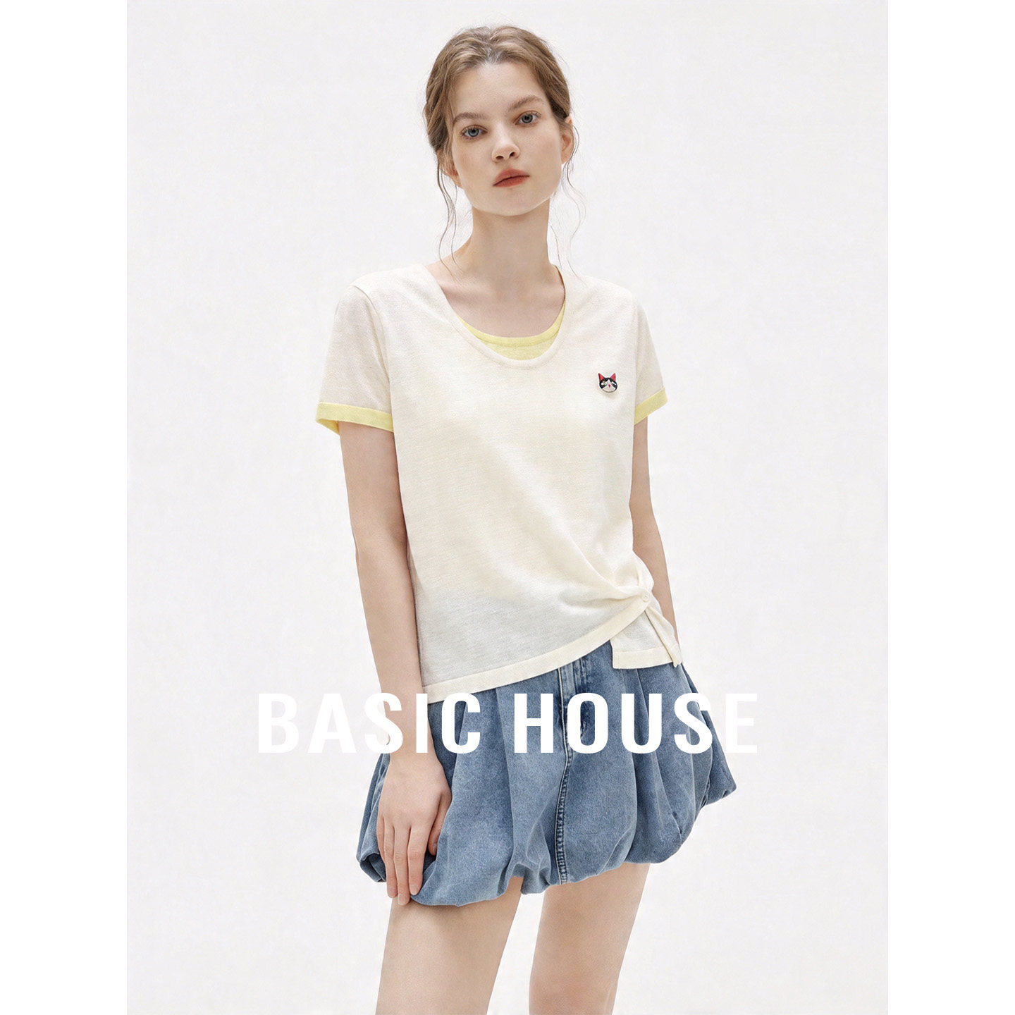 Basic House/百家好撞色假两件针织衫女26夏季新款不规则下摆上衣