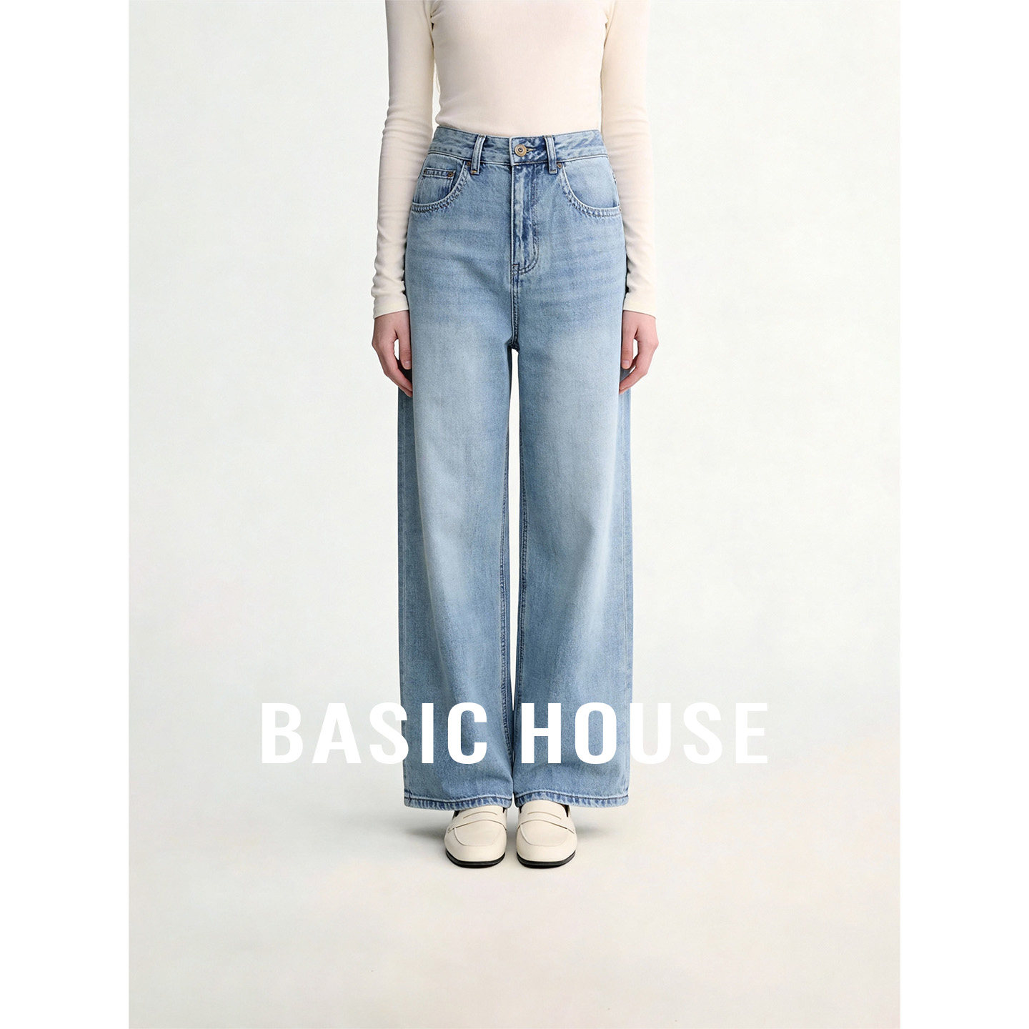 Basic House/百家好高腰浅蓝色水洗复古阔腿裤女秋宽松显瘦牛仔裤