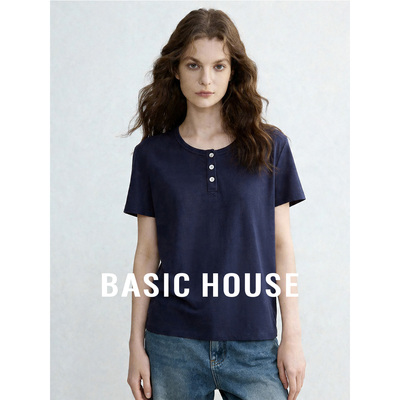 Basic House/百家好藏青色简约百搭透气短袖T恤女夏含棉舒适上衣