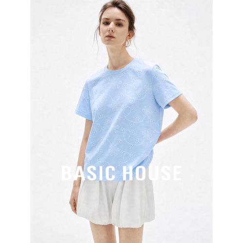 Basic House/百家好蓝色圆领短袖T恤女2026夏镂空刺绣设计感上衣