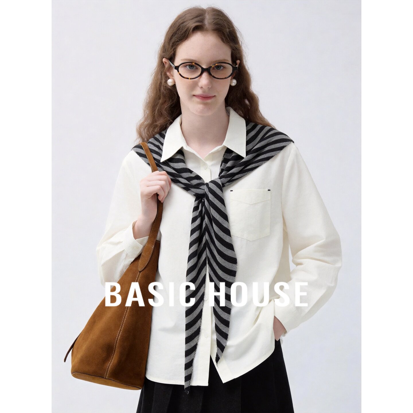 Basic House/百家好莫代尔polo领条纹披肩衬衫女长袖流行百搭上衣