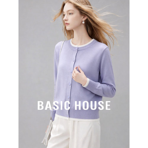 Basic House/百家好温柔紫色拼接针织开衫女长袖软糯透气外套上衣