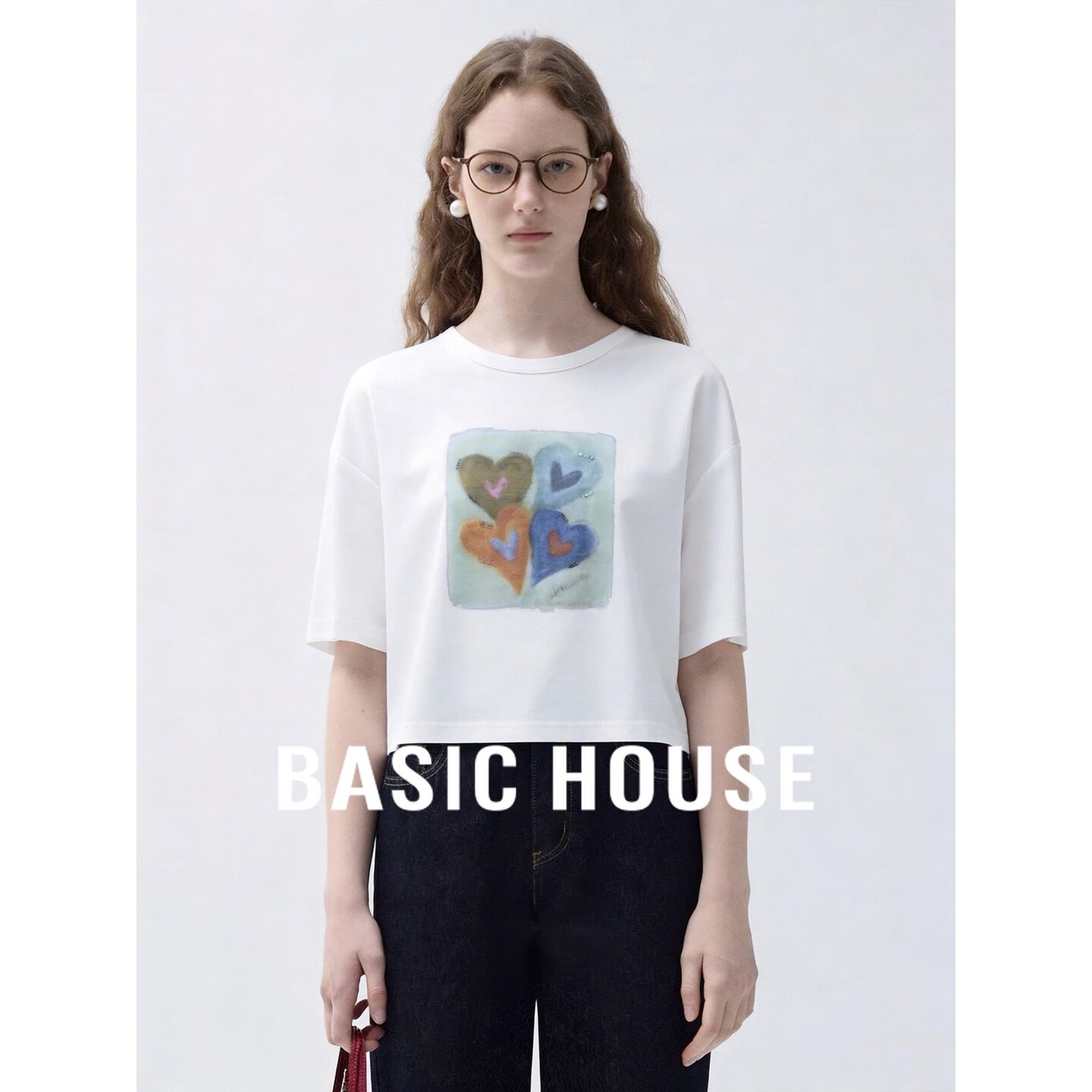Basic House/百家好爱心印花短袖T恤女夏白色宽松显瘦百搭上衣
