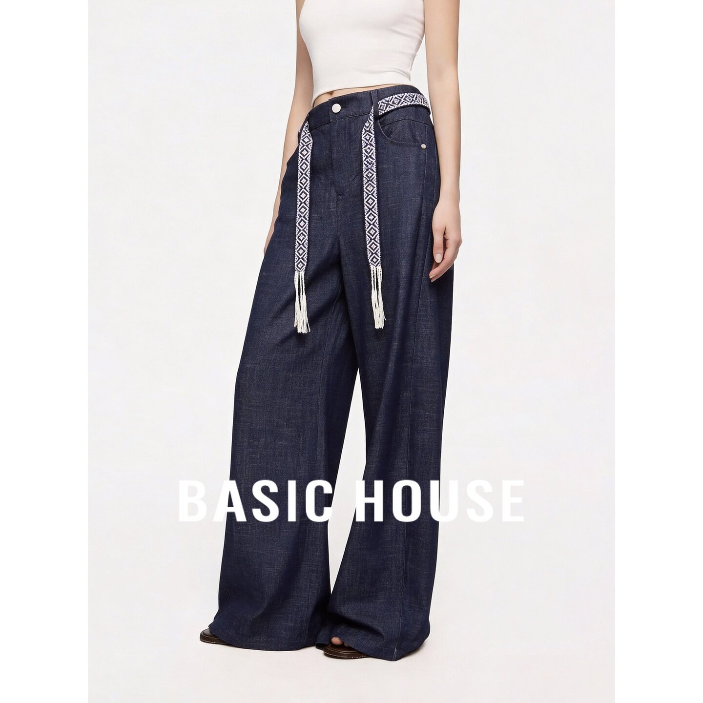 Basic House/百家好高腰阔腿牛仔裤女韩版宽松流苏腰带设计感裤子