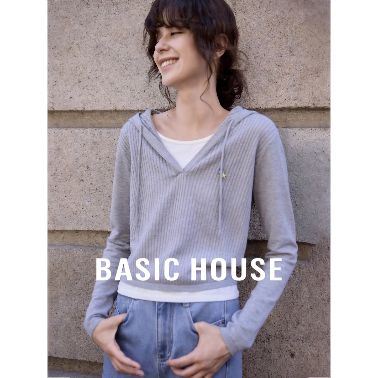 Basic House/百家好假两件连帽针织衫女秋宽松慵懒风灰色毛衣上衣