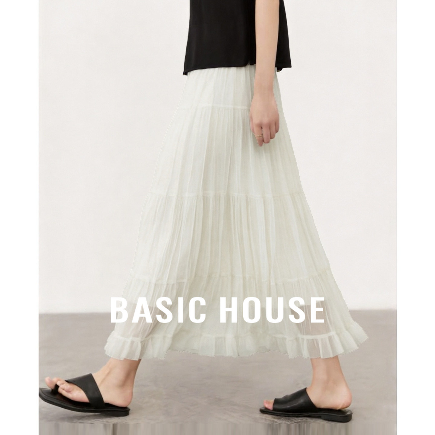 Basic House/百家好白色百褶半身裙女秋宽松显瘦高级感百搭A字裙