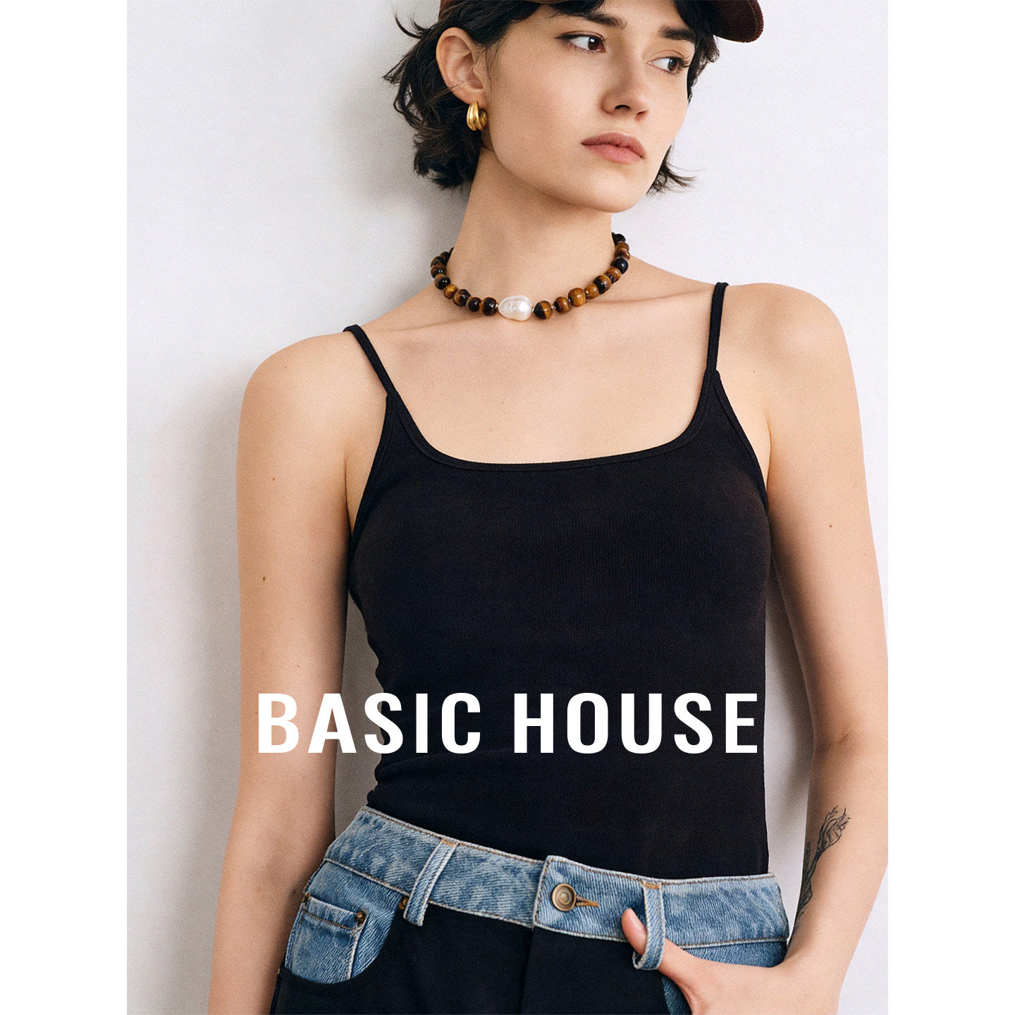 Basic House/百家好夏季新款百搭蕾丝拼接细肩带U领内搭背心吊带