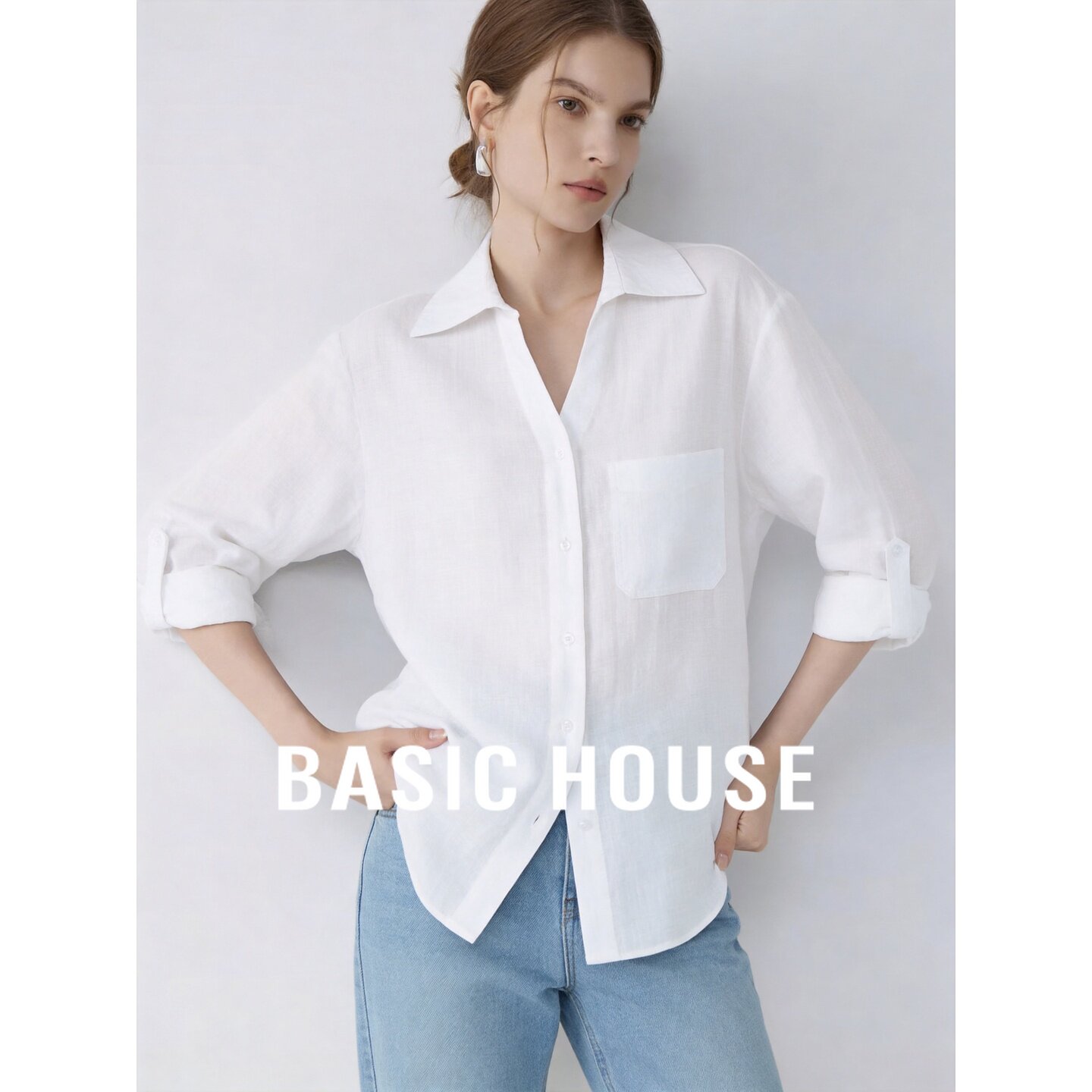 Basic House/百家好简约风白色衬衫女款七分袖气质高级上衣初秋