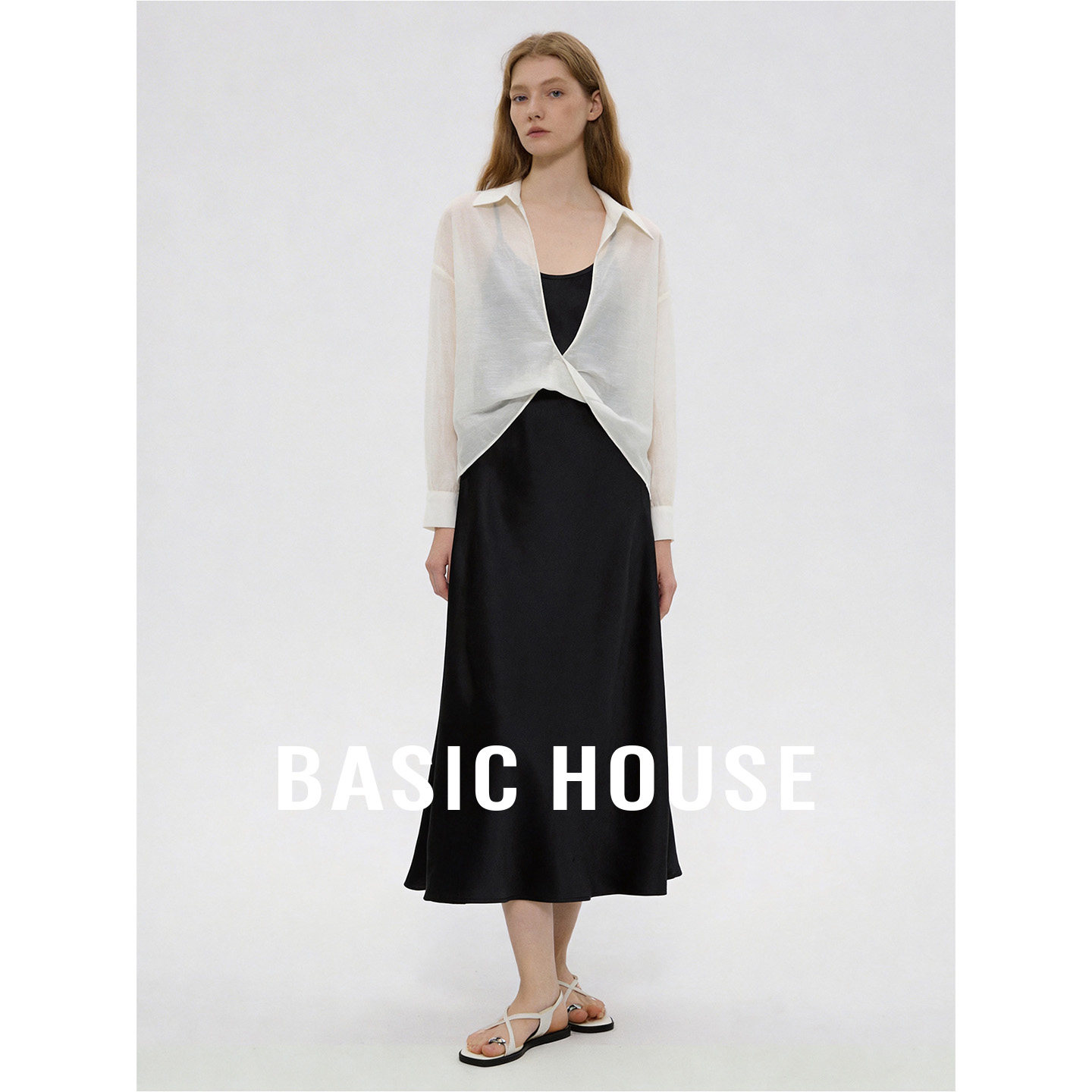 Basic House/百家好休闲透气套装女夏季黑色吊带裙翻领衬衫两件套
