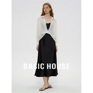 Basic House/百家好休闲透气套装女夏季黑色吊带裙翻领衬衫两件套
