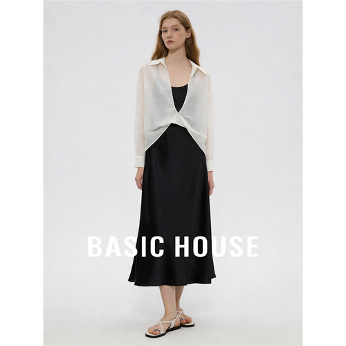 Basic House/百家好休闲透气套装女夏季黑色吊带裙翻领衬衫两件套
