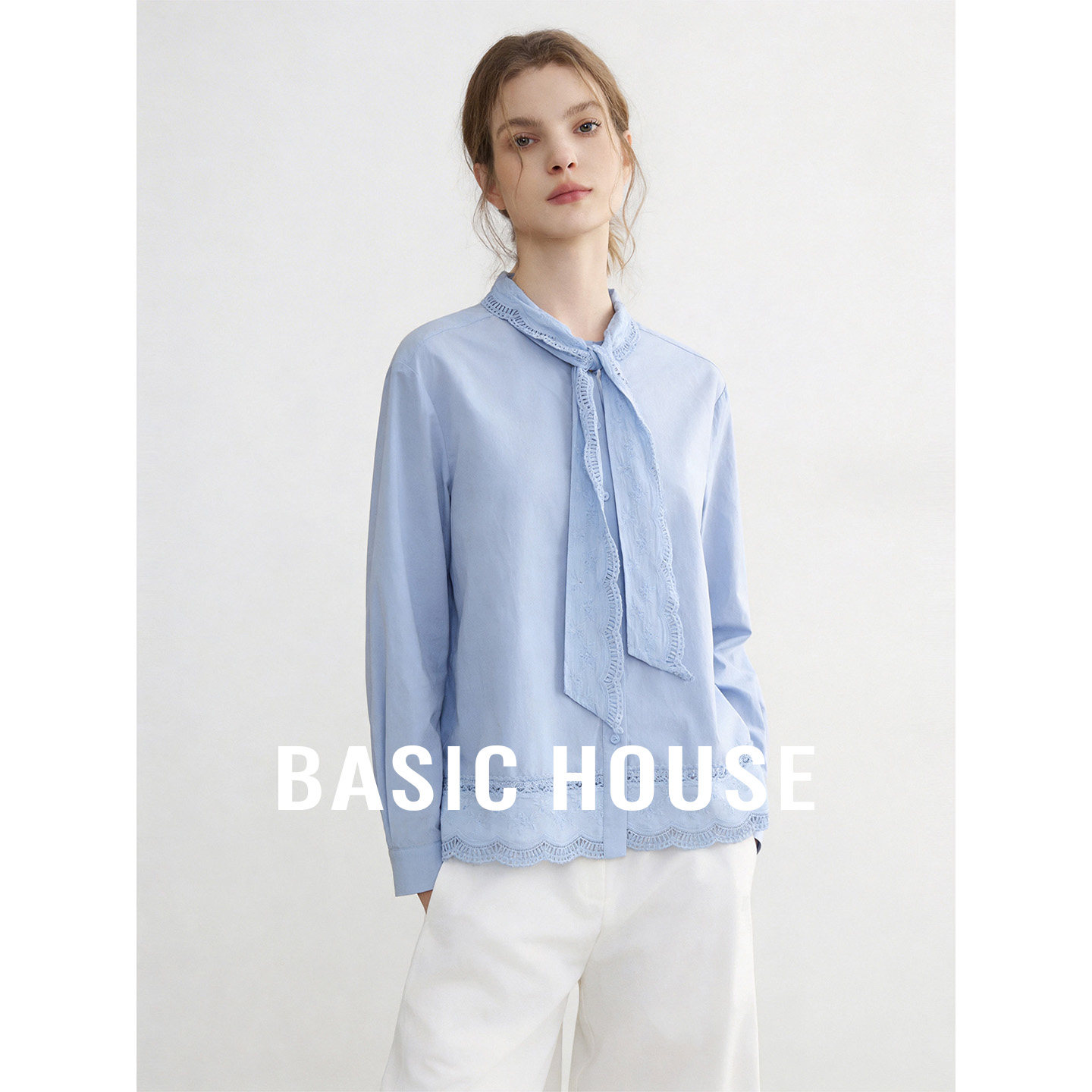 Basic House/百家好蓝色小众设计长袖衬衫女夏季新款高级感上衣