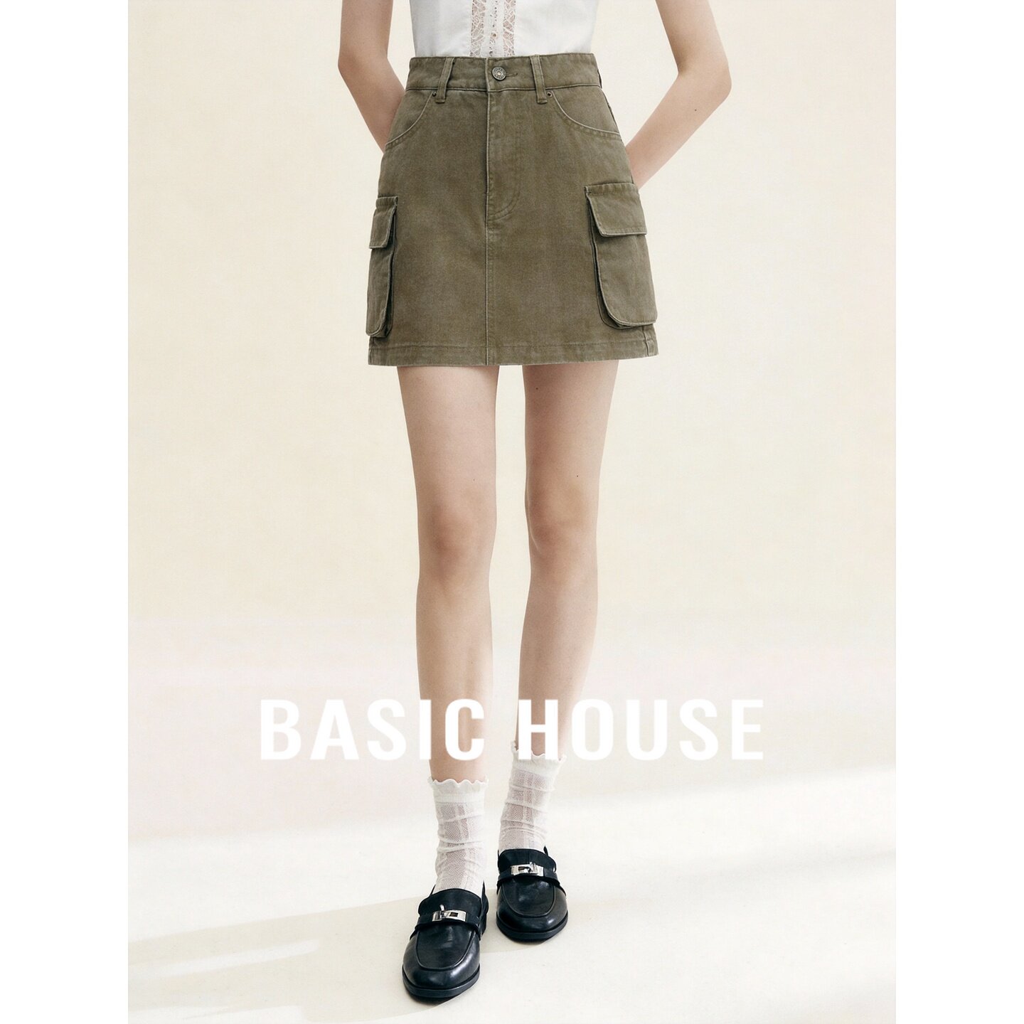 Basic House/百家好工装风军绿色高腰半身裙女夏季A字多口袋短裙