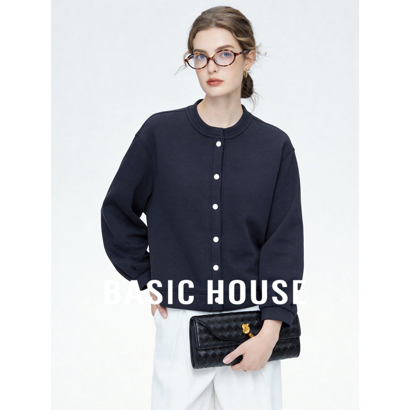 Basic House/百家好藏青色亨利领纽扣宽松百搭日常休闲开衫卫衣女