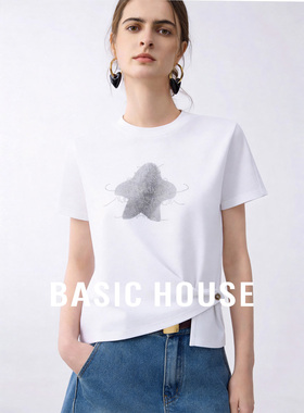 Basic House/百家好撞色星星侧开叉纽扣T恤女新款短款内搭打底衫
