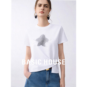 Basic House/百家好撞色星星侧开叉纽扣T恤女新款短款内搭打底衫