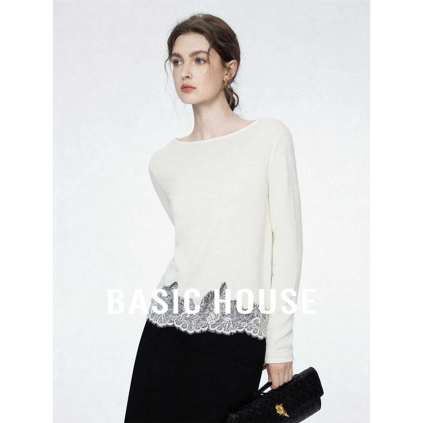Basic House/百家好纯色蕾丝拼接针织衫夏季慵懒风莱赛尔套头上衣