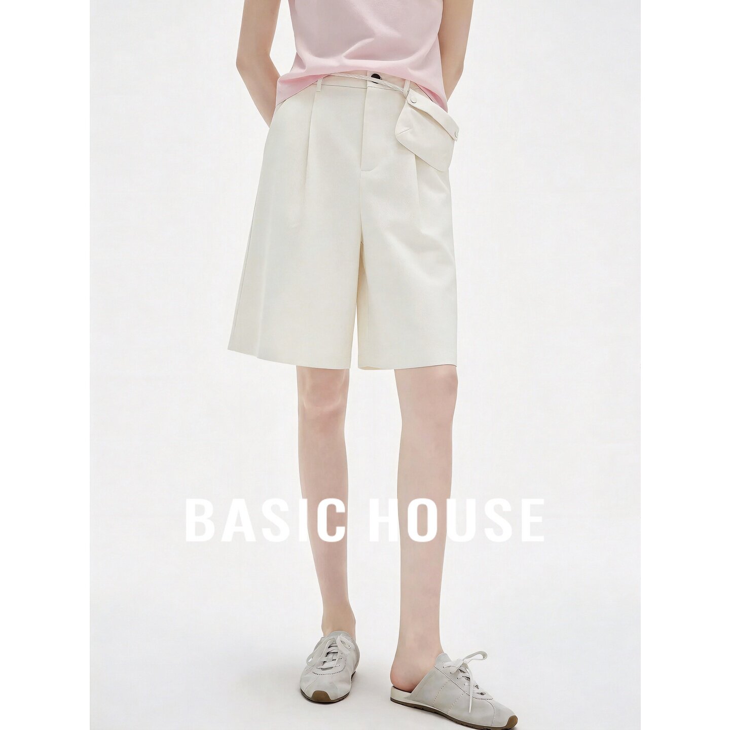 Basic House/百家好高腰阔腿短裤女夏新款通勤极简米色棉质休闲裤