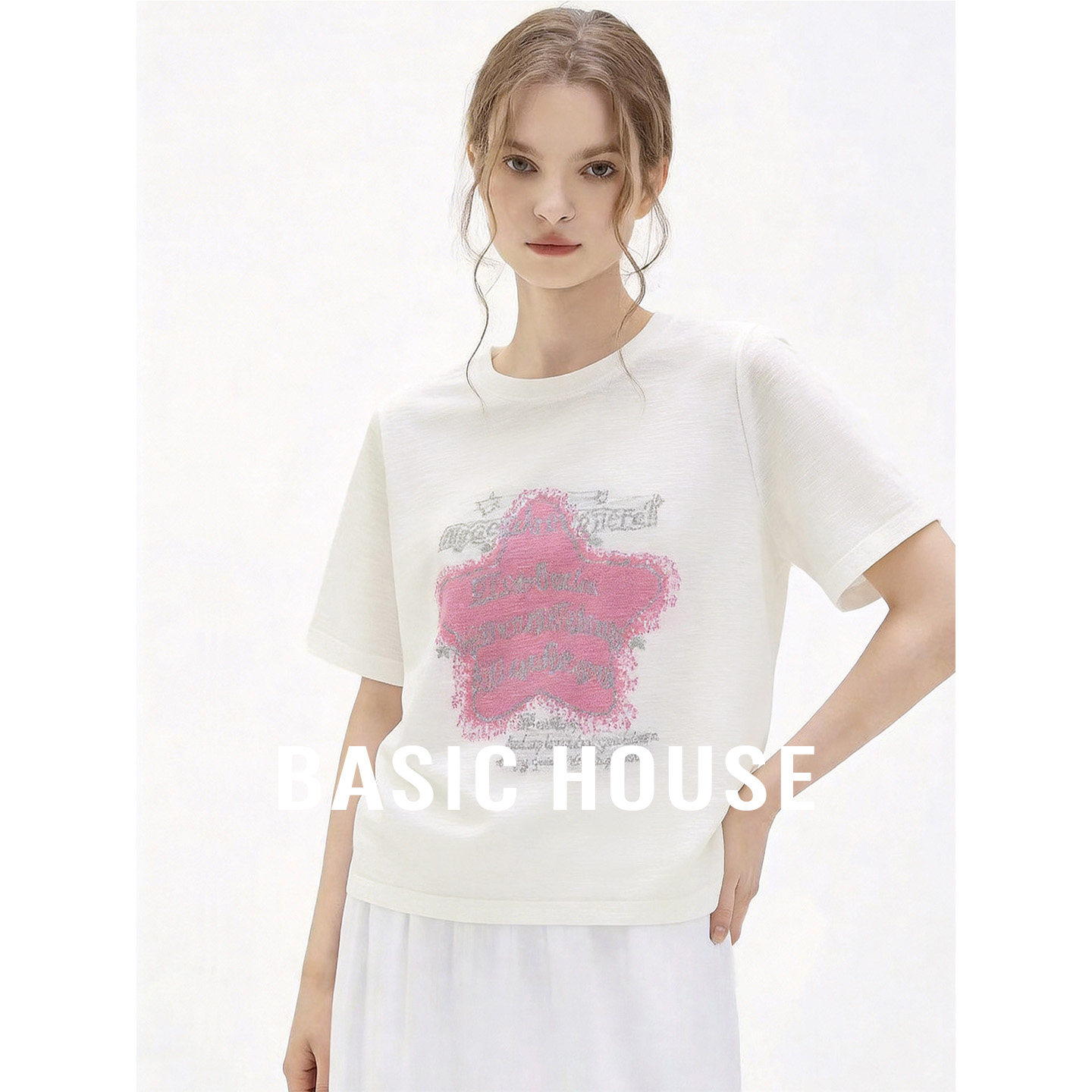 Basic House/百家好2026夏季白色圆领小众设计感针织衫女套头上衣