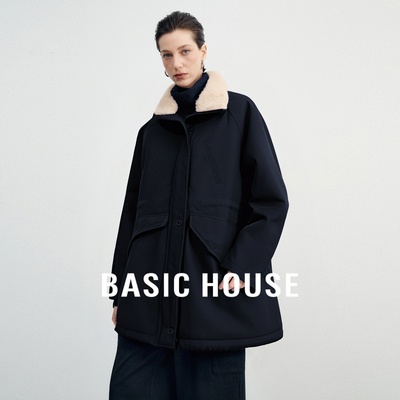 Basic House/百家好毛绒拼接中长款羽绒服加厚保暖抽绳白鸭绒外套