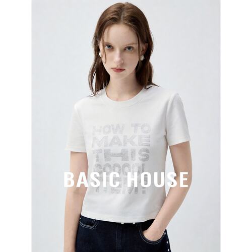 Basic House/百家好美式涂鸦字母印花短袖T恤女夏季正肩短款上衣