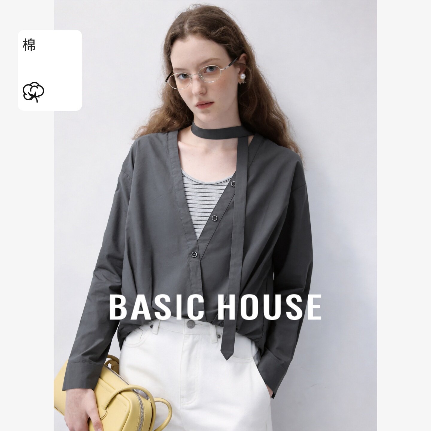 Basic House/百家好纯棉V领假两件挂脖衬衫女宽松设计感百搭上衣
