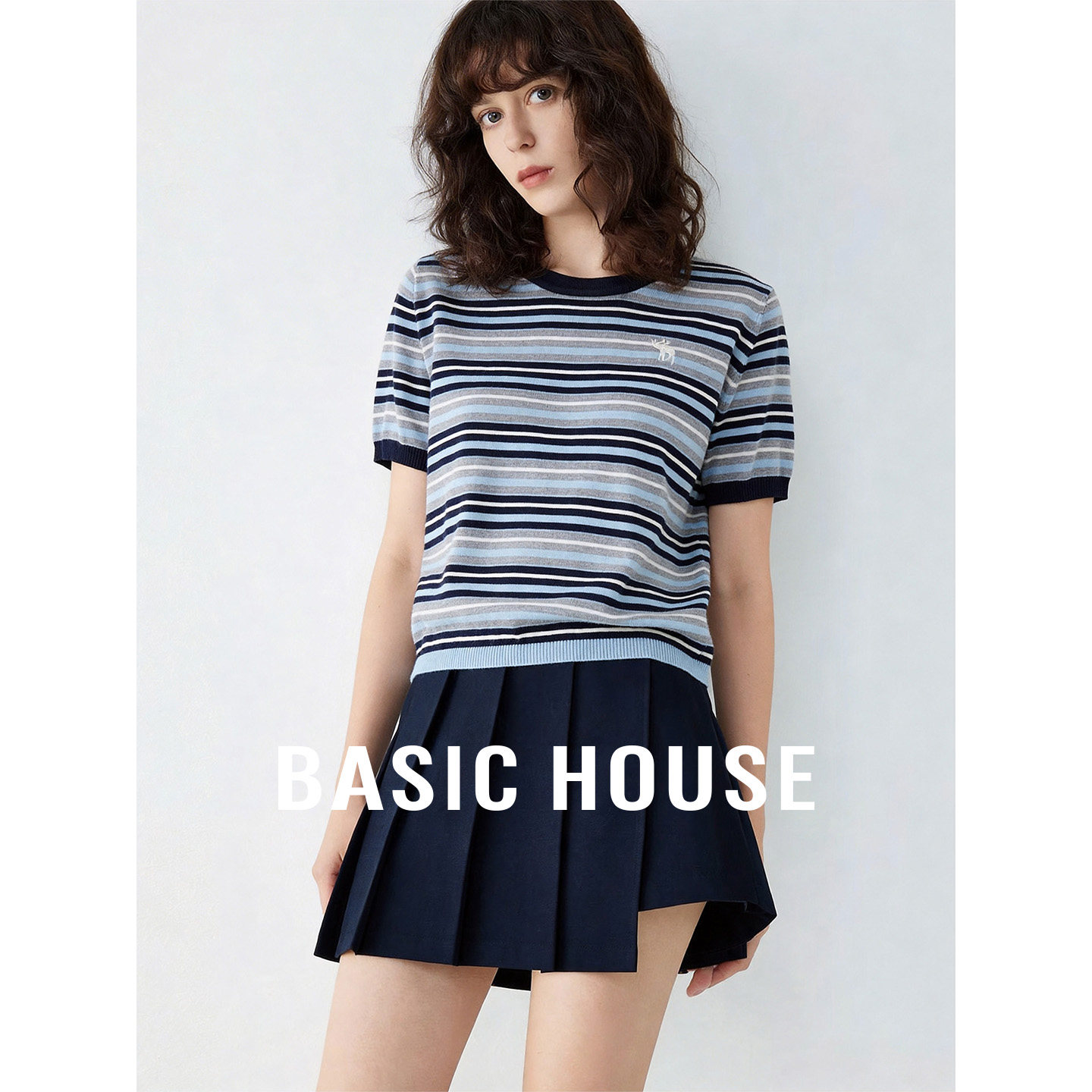 Basic House/百家好圆领撞色条纹短袖针织衫2026新款宽松套头上衣