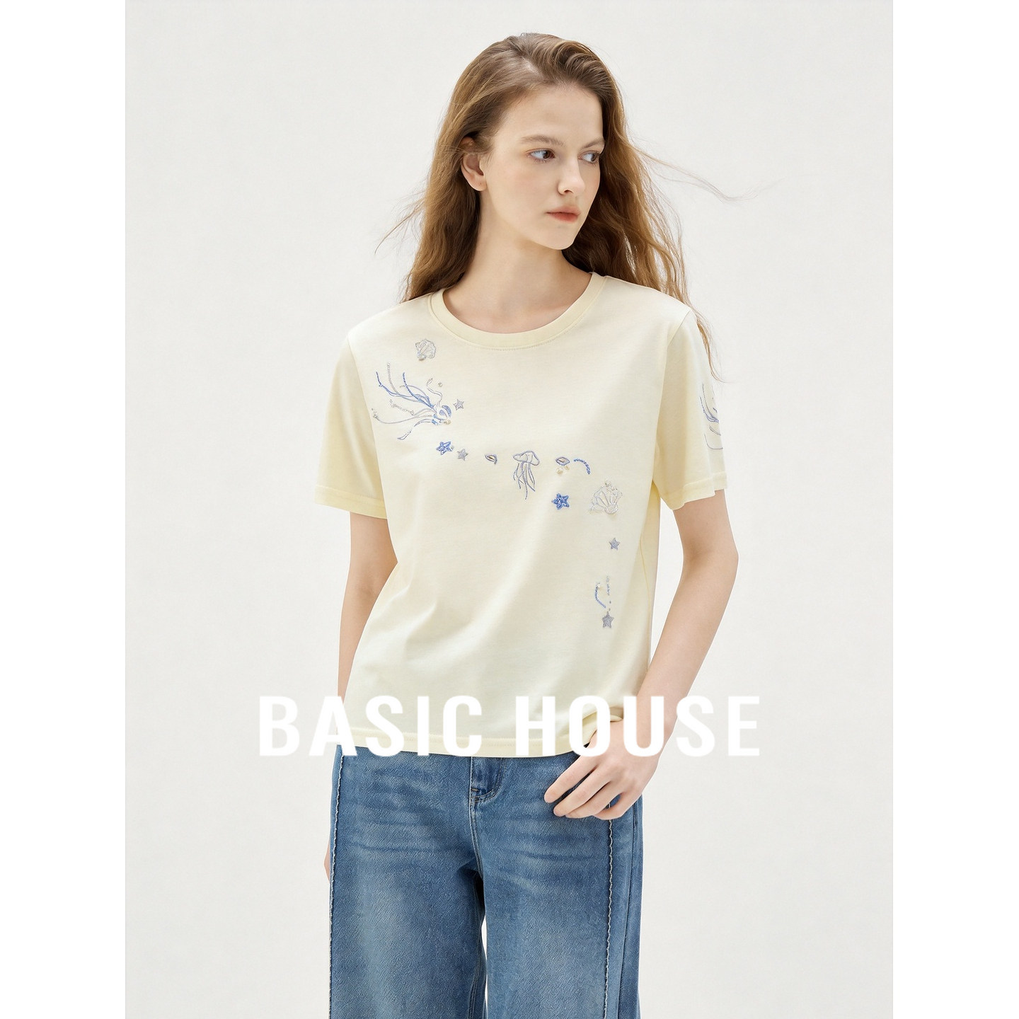 Basic House/百家好26宽松松弛感短袖T恤女夏季立体珍珠百搭上衣