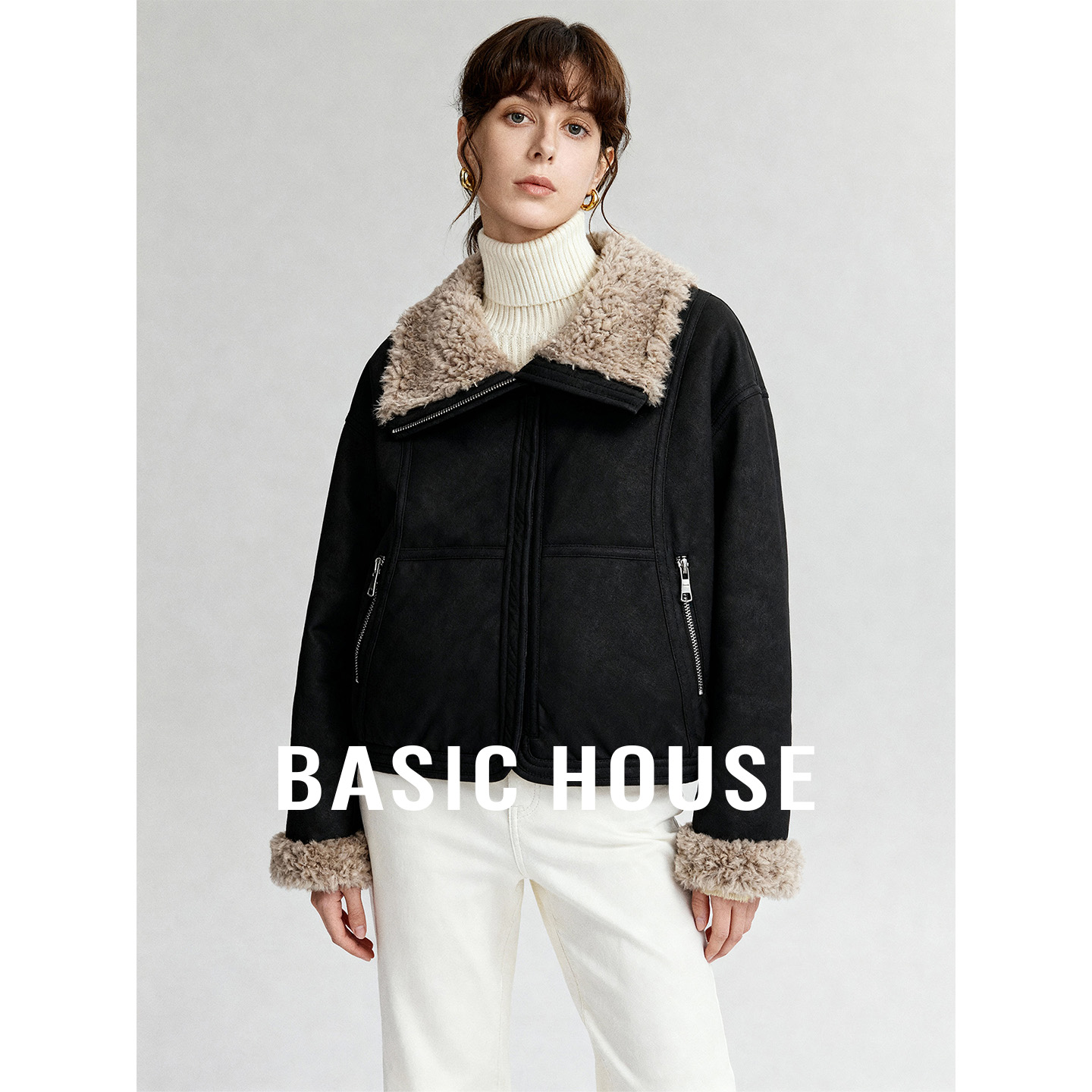 Basic House/百家好翻领拉链短款皮毛一体外套女秋冬保暖好看上衣
