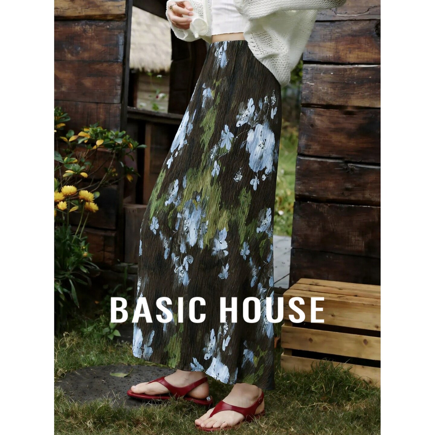 Basic House/百家好度假风绿色印花半身裙女夏褶皱A字显瘦开叉裙