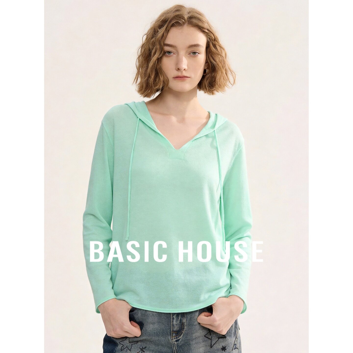 Basic House/百家好绿色连帽针织罩衫女长袖松弛感轻薄防晒上衣