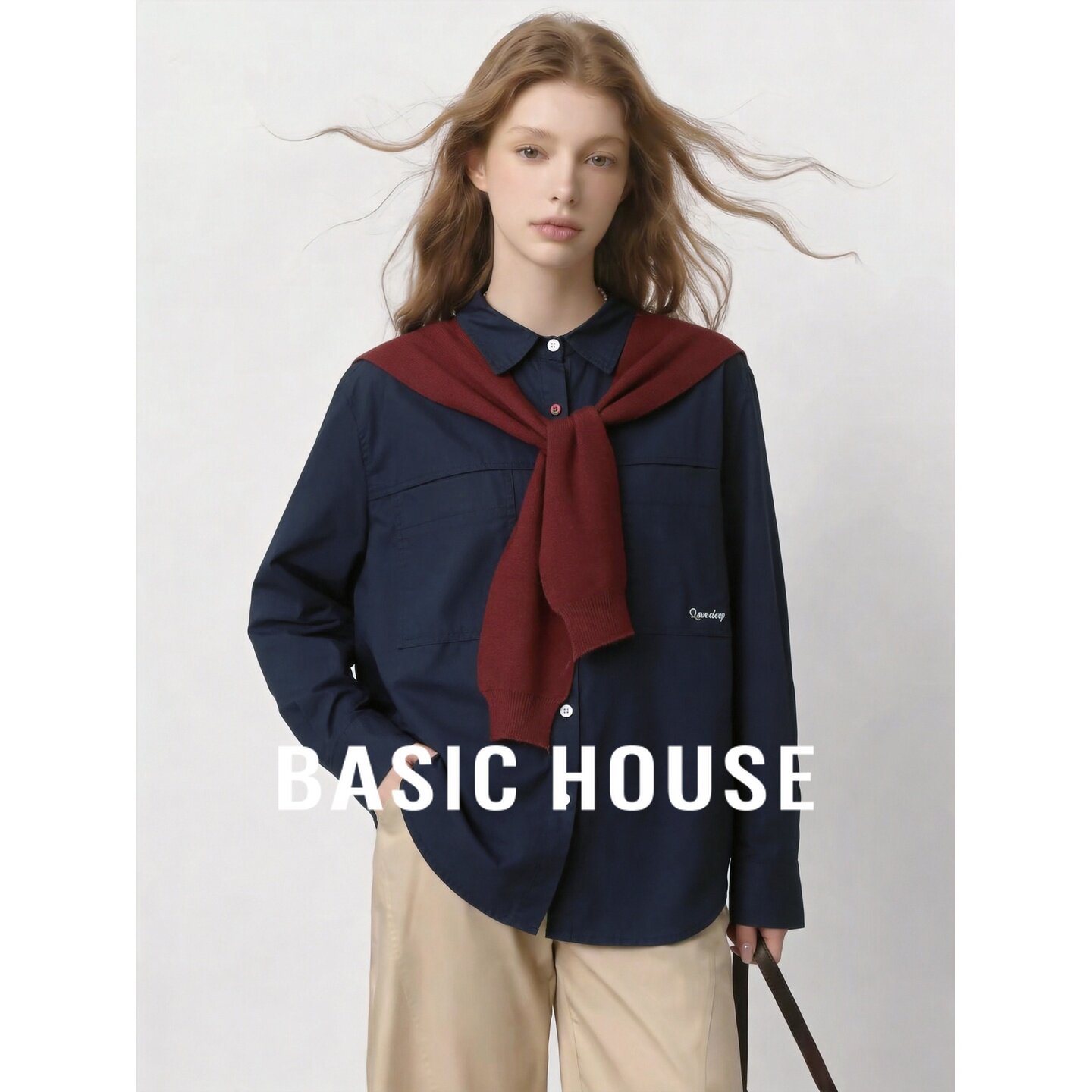 Basic House/百家好藏青翻领衬衫女长袖披肩设计宽松减龄初秋穿搭