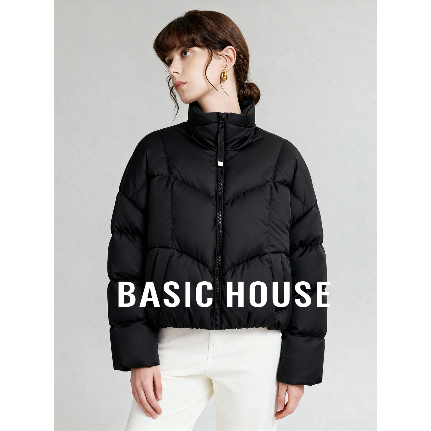 Basic House/百家好立领拉链黑色短款白鸭绒羽绒服女保暖百搭外套