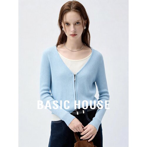 Basic House/百家好早秋新款V领拉链针织衫女修身假两件显瘦上衣