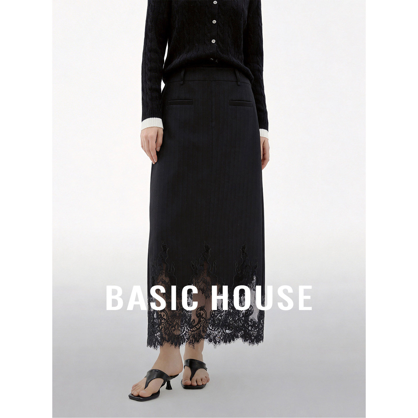 Basic House/百家好复古蕾丝半身裙女夏季高腰显瘦中长款百搭H裙