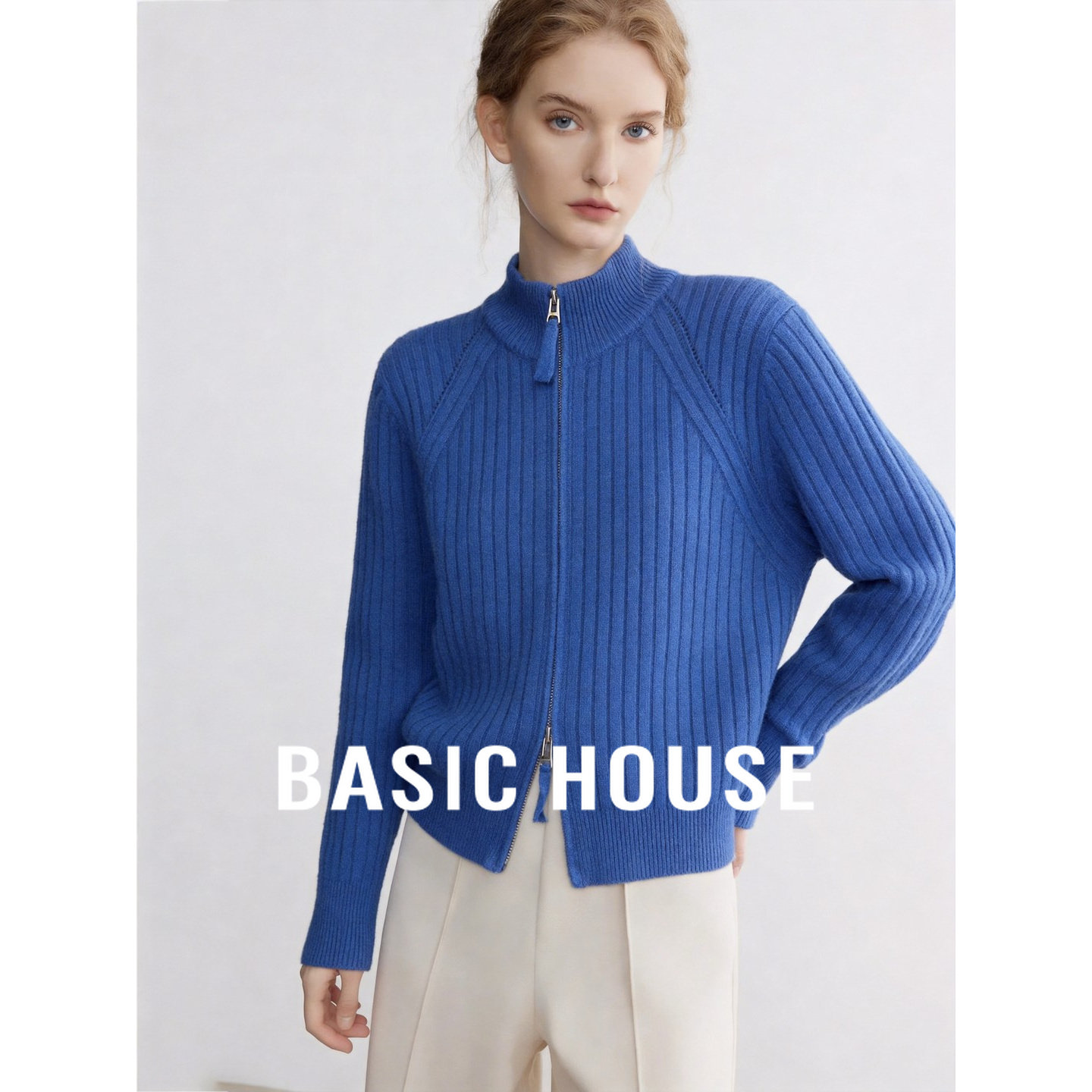 Basic House/百家好蓝色半高领拉链针织开衫女秋季百搭慵懒风毛衣