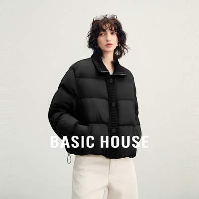 Basic House/百家好翻领拼接短款羽绒服2025蓬松纯色白鸭绒外套女