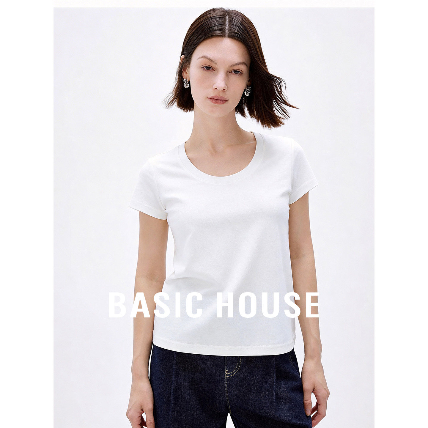 Basic House/百家好白色舒适百搭短袖T恤女夏季通勤必备内搭上衣