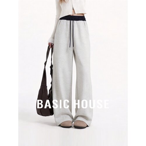 Basic House/百家好慵懒风系带撞色阔腿裤女宽松显瘦灰色运动长裤