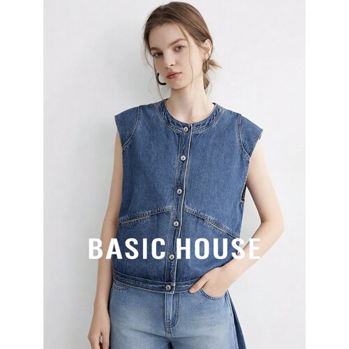 Basic House/百家好牛仔无袖上衣圆领单排扣直筒韩版极简蓝色女装