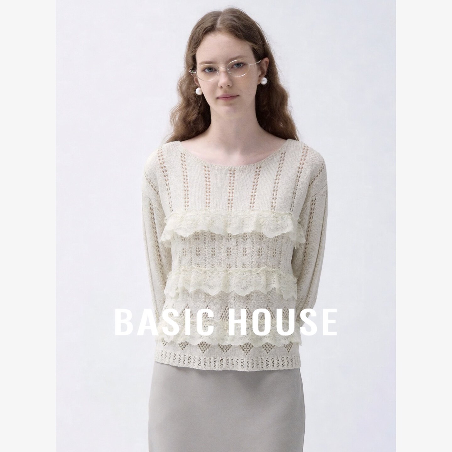 Basic House/百家好法式镂空蕾丝针织衫女荷叶边百搭上衣高级感