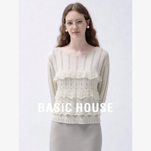 Basic House/百家好法式镂空蕾丝针织衫女荷叶边百搭上衣高级感