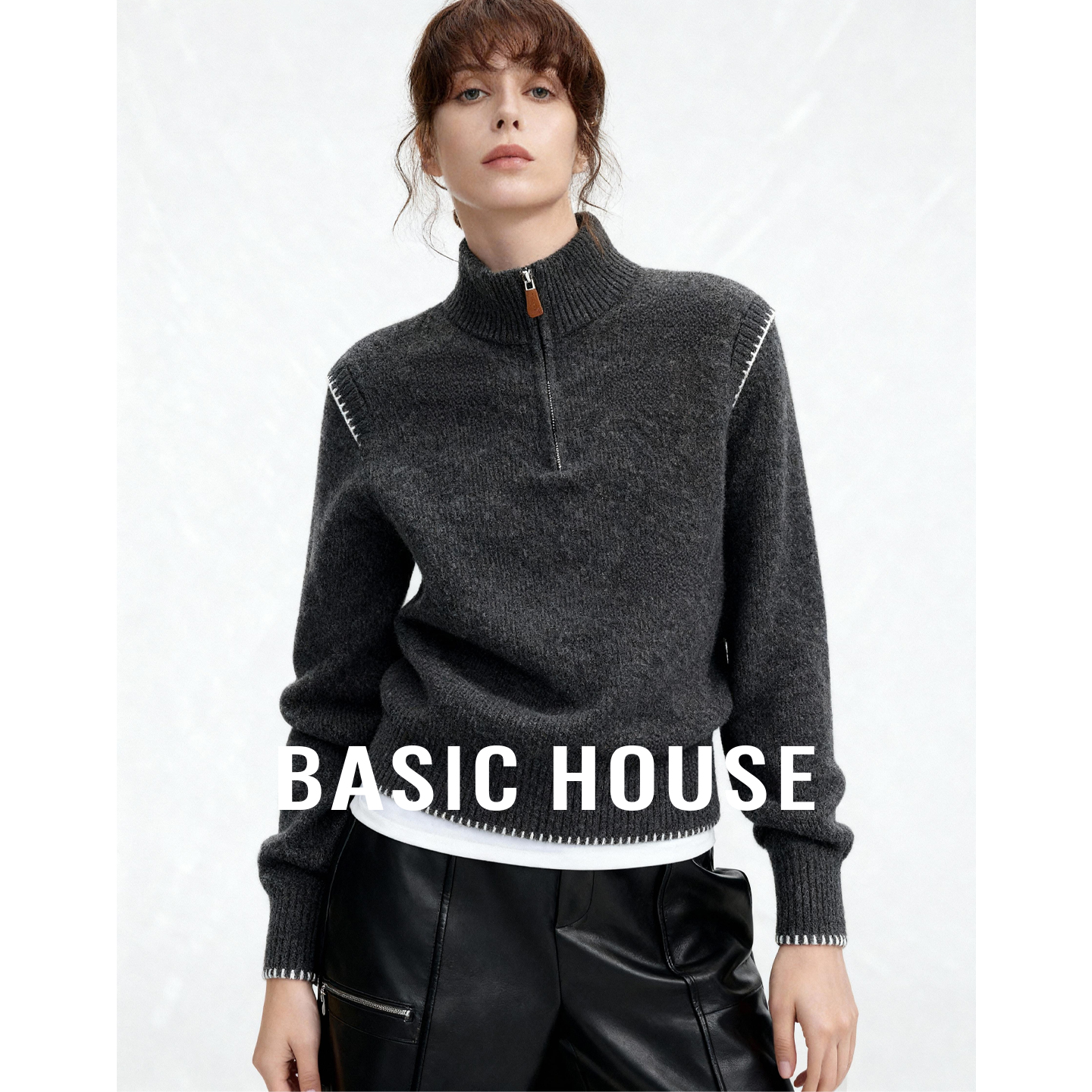 Basic House/百家好2025新款立领半拉链毛衣休闲百搭短款长袖上衣