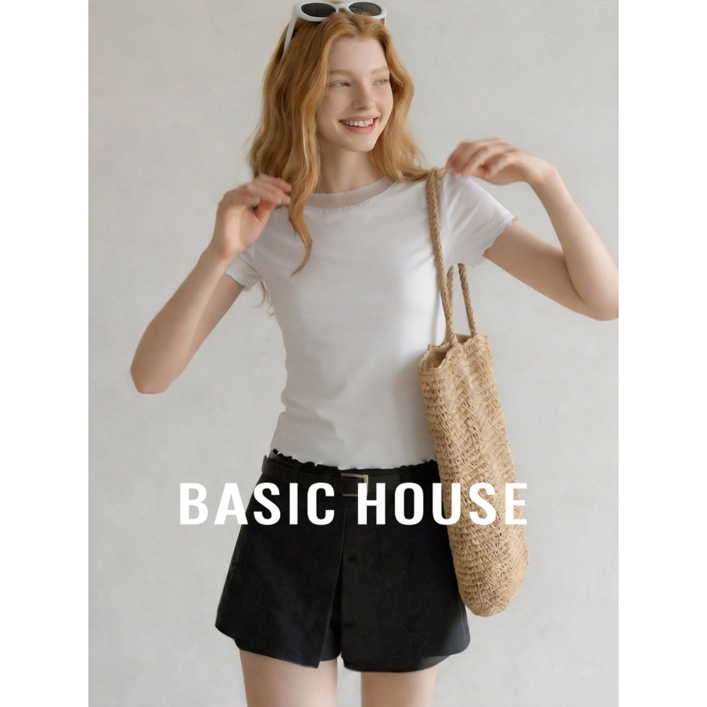 Basic House/百家好白色短袖T恤女木耳边修身显瘦棉质短款上衣