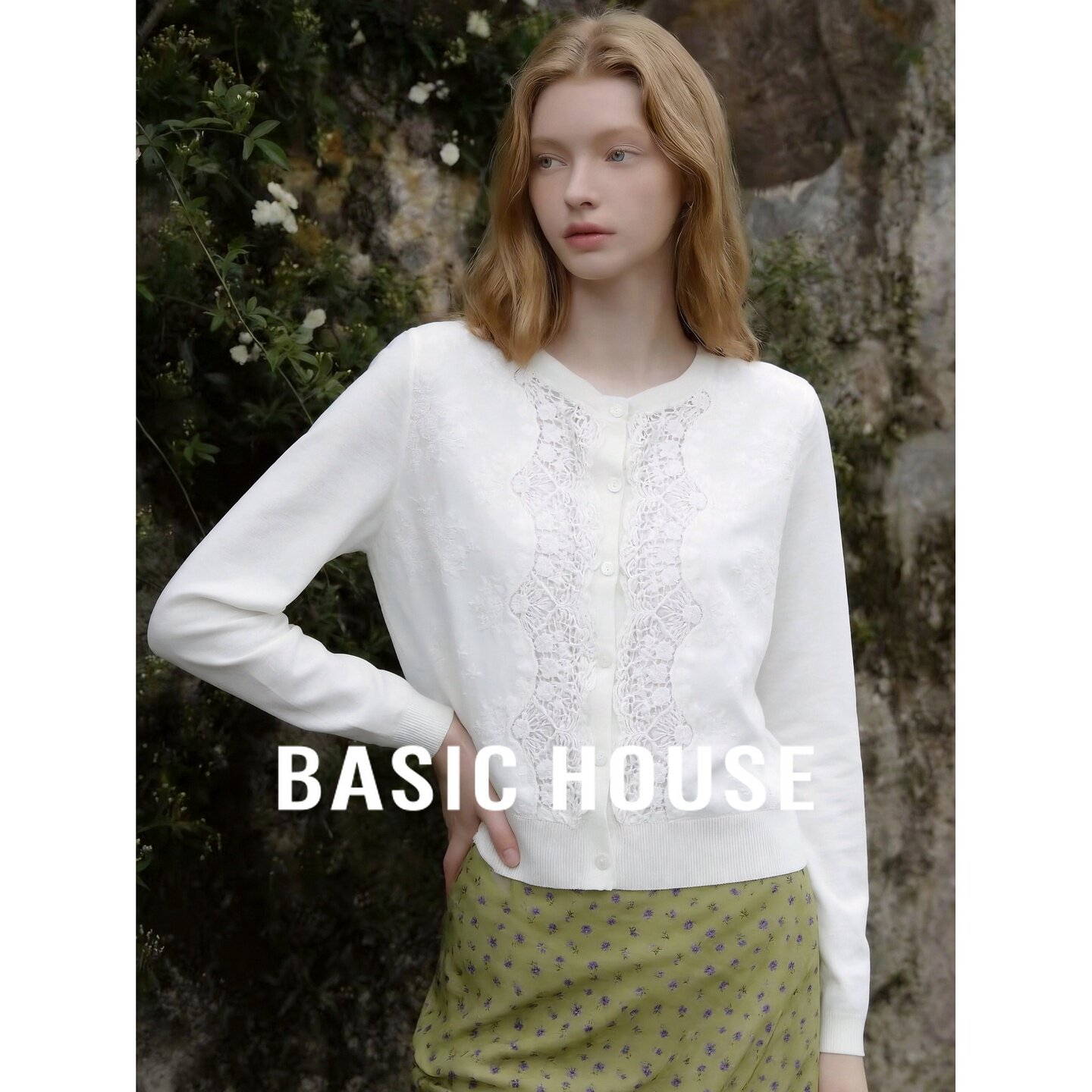 Basic House/百家好简约温柔莱赛尔白色蕾丝开衫女长袖圆领针织衫